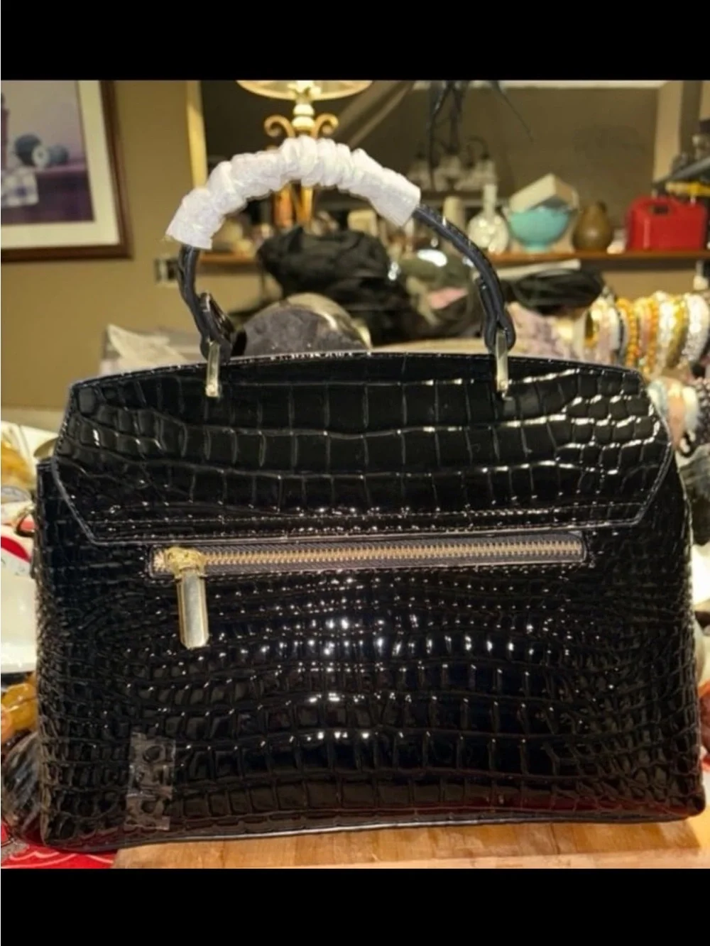 Black Croc-Embossed Top Handle Bag